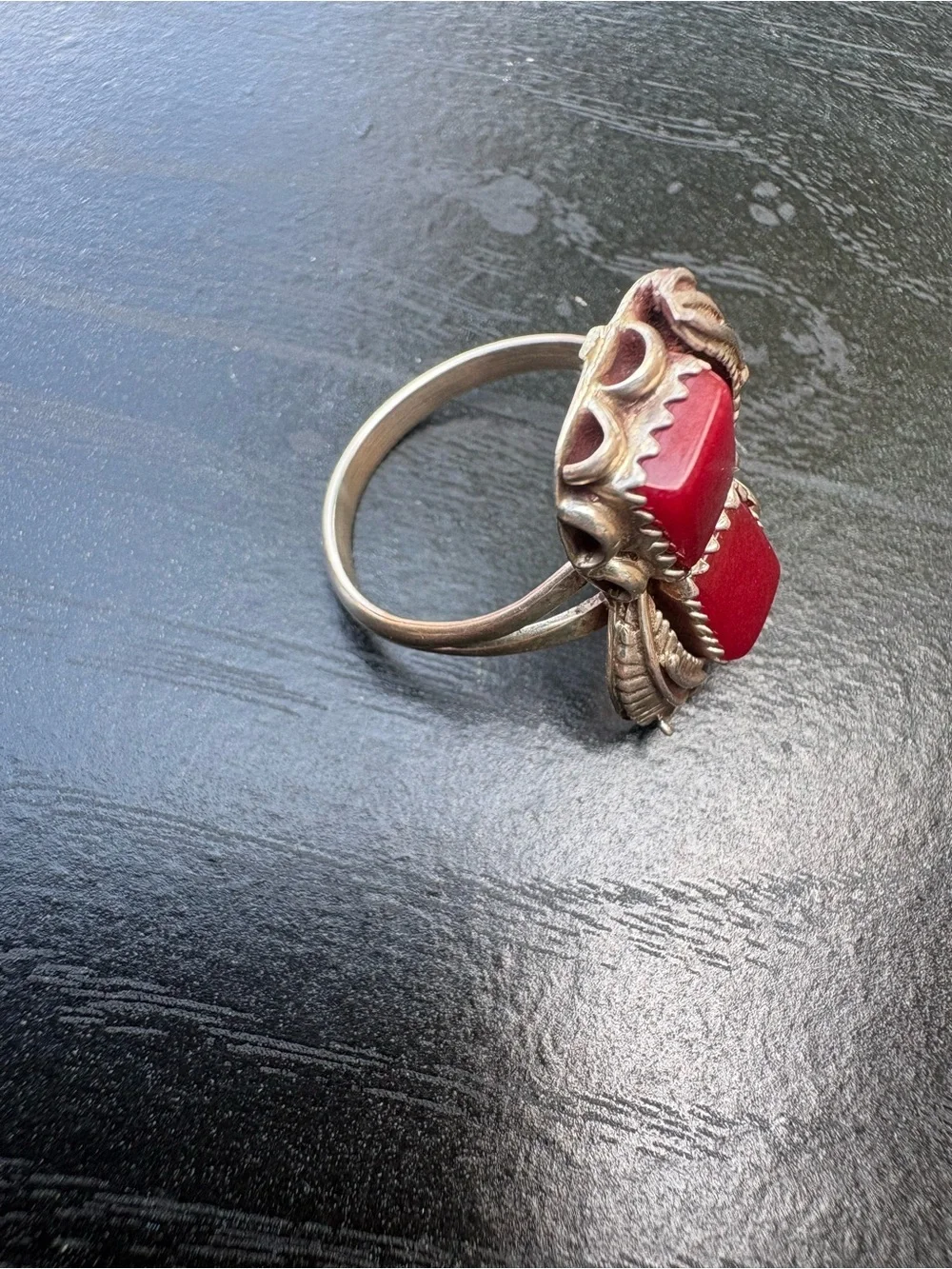 Southwest Style Ring with Red Stones and Feather Accents - Size 7.25